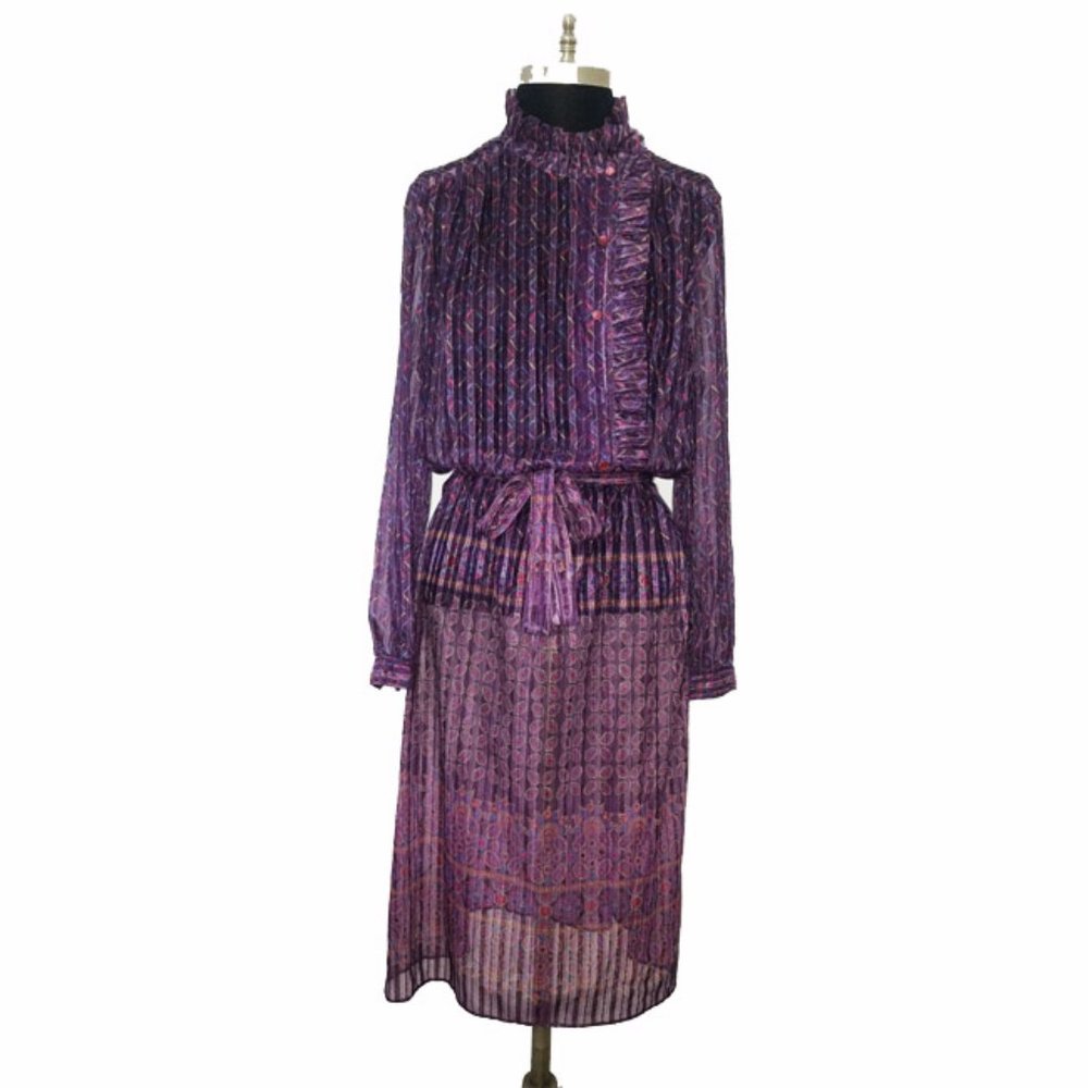 Vtg 70s Sheer Metallic Geometric Print Dress S